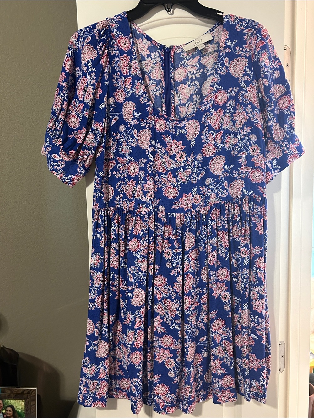 LOFT Blue Floral Short Sleeve Kids Dress with Pink Accents